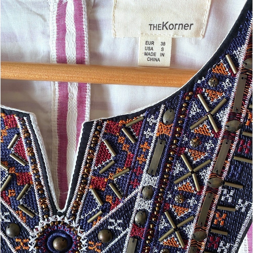 The Korner Red/White Striped Embroidered Bead Boho Notch Neck Shift Dress S - Picture 3 of 7